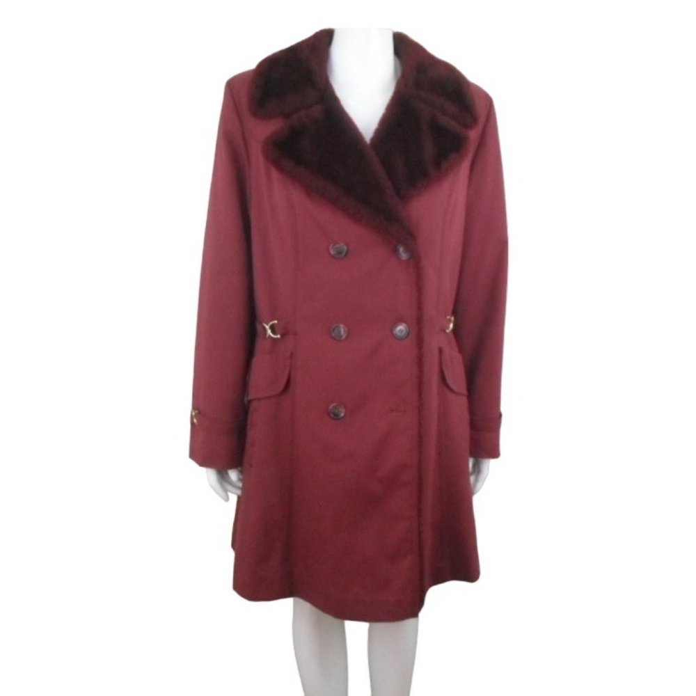 Vintage Bonders Burgundy Red Midi Coat Faux Fur Double Breasted